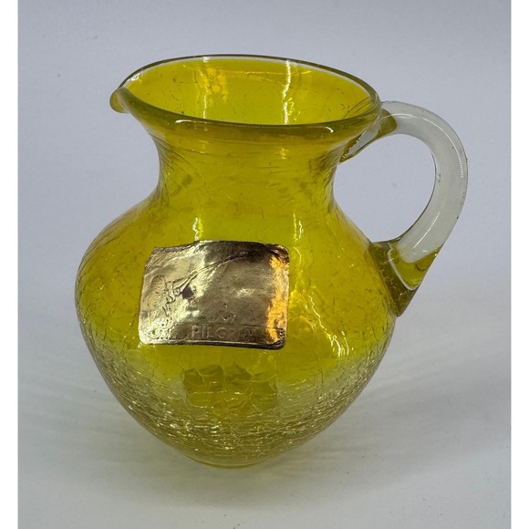 Pilgrim Other - Yellow Pilgrim Crackle Glass Pitcher Gold Foil Label Vintage Art Glass Small